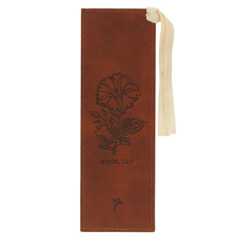 Christian Art Gifts - Bookmark Faux Leather Brown Amazing Grace 2 Cor. 12:9