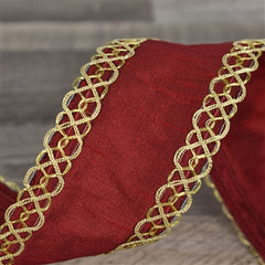 FAUX DUPIONI SILK W/ CELTIC BRADED EDGE - RED 2.5" X 10YD