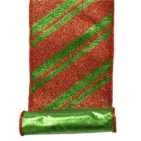 SHIMMERING GLITTER STRIPE RIBBON - GREEN/RED 4"X10YD