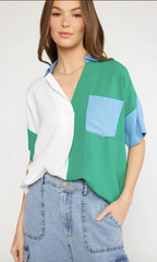 TOBI GREEN COLORBLOCK TOP