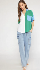 TOBI GREEN COLORBLOCK TOP