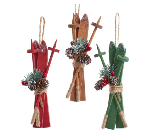 Wooden Skis With Holiday Décor Ornaments, 3 Assorted