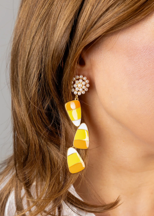 Halloween Enamel Linked Candy Corn Earrings in Orange/Yellow/White