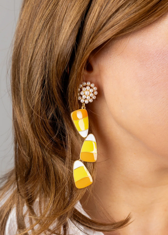 Halloween Enamel Linked Candy Corn Earrings in Orange/Yellow/White