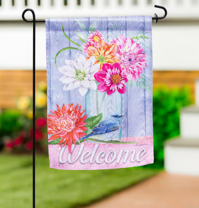 Dahlias and Bluebird Moire Garden Flag