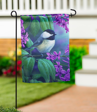 Chickadee on Lilac Suede Garden Flag