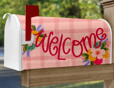 Welcome Pink Plaid Mailbox Cover