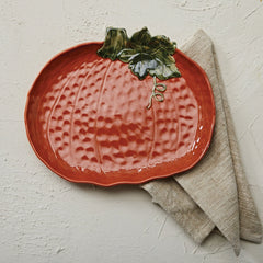 14-1/4"L x 12-1/4"W Stoneware Pumpkin Shaped Platter, Orange Color & Green