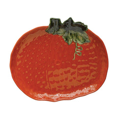 14-1/4"L x 12-1/4"W Stoneware Pumpkin Shaped Platter, Orange Color & Green