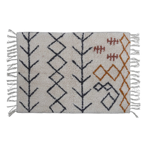 Cotton Tufted Bath Mat with Abstract Design and Fringe