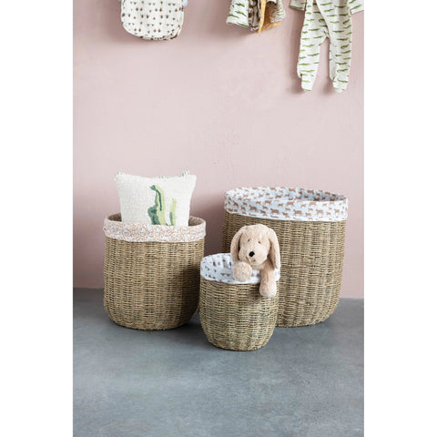 Hand-Woven Grass Laundry Baskets with Patterned Cotton Lining