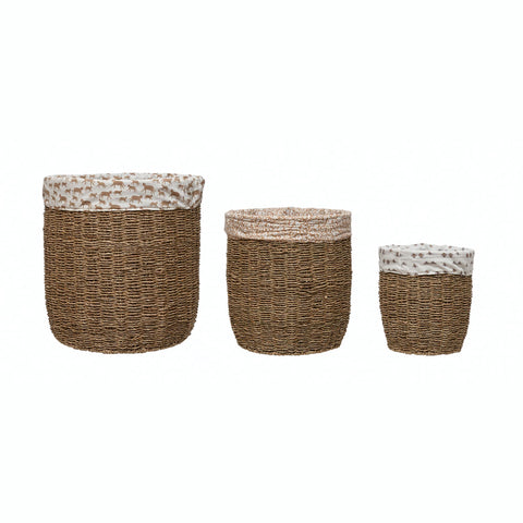 Hand-Woven Grass Laundry Baskets with Patterned Cotton Lining