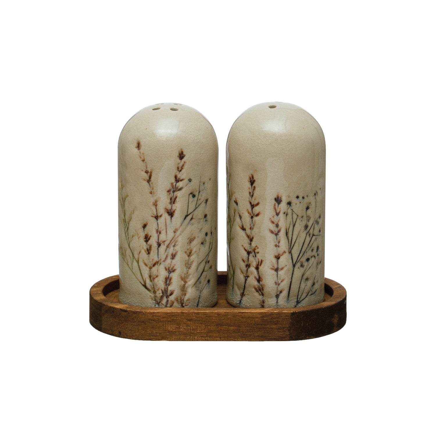 Debossed Stoneware Floral Salt & Pepper Shakers w/ Wood Tray, Set of 3 (Each One Will Vary)