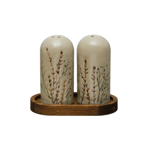 Debossed Stoneware Floral Salt & Pepper Shakers w/ Wood Tray, Set of 3 (Each One Will Vary)