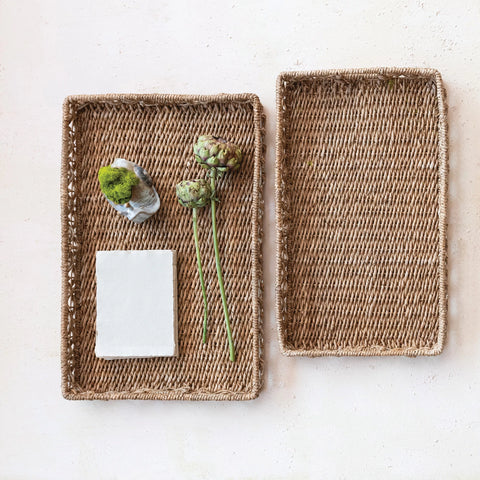 Decorative Hand-Woven Water Hyacinth & Rattan Trays w/ Handles, 2 sizes