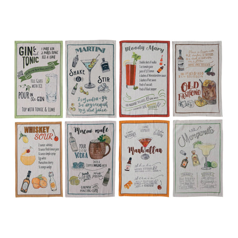 Cotton Chambray Printed Tea Towel w/ Cocktail Recipe & Art, 8 Styles