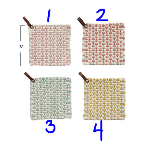 Cotton Crocheted Pot Holder w/ Leather Loop, 4 Styles