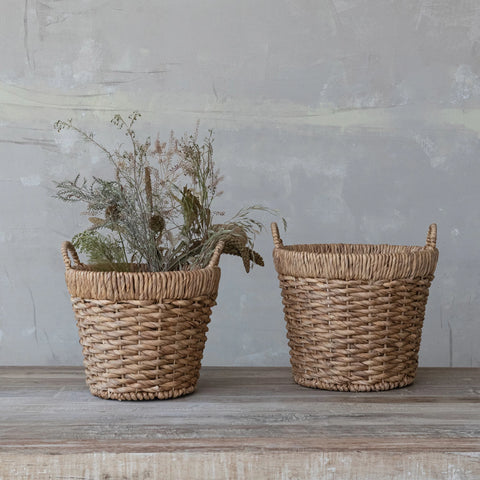 Hand-Woven Water Hyacinth Baskets with Handles, Natural