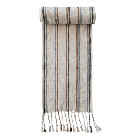 Woven Cotton Blend Striped Table Runner with Braided Tassels