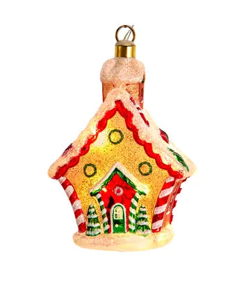 Glass USB Warm White LED Gingerbread House Ornament