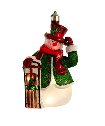 Glass USB Warm White LED Snowman With Sled Ornament