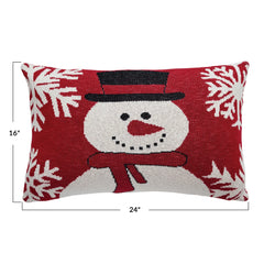 24"L x 16"H Cotton Knit Chenille Pillow w/ Snowman & Snowflakes, Red, White & Black