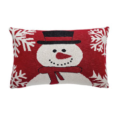 24"L x 16"H Cotton Knit Chenille Pillow w/ Snowman & Snowflakes, Red, White & Black