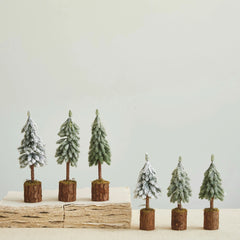 Faux Fir Tree w/ Wood & Moss Base, Snow/Frost Finish, Green, 3 Styles