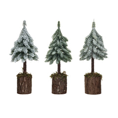 Faux Fir Tree w/ Wood & Moss Base, Snow/Frost Finish, Green, 3 Styles