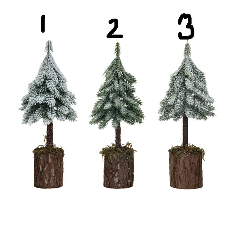 Faux Fir Tree w/ Wood & Moss Base, Snow/Frost Finish, Green, 3 Styles