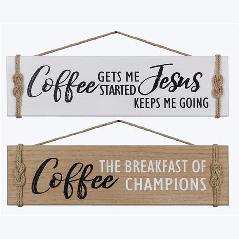 WOOD COFFEE WALL SIGN WITH ROPE 2 ASSORTED