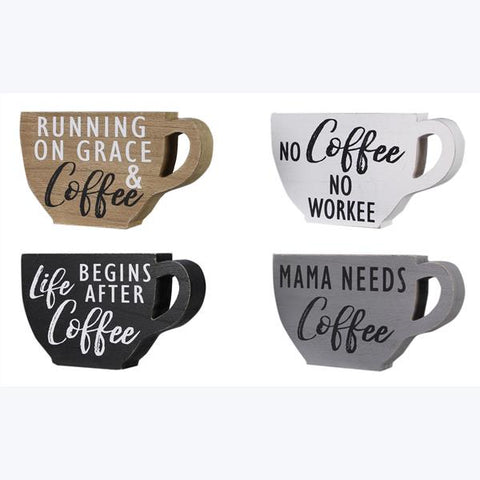 WOOD COFFEE SHAPED TABLETOP SIGN 4 ASSORTED