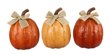 RESIN PUMPKINS WITH BURLAP BOW