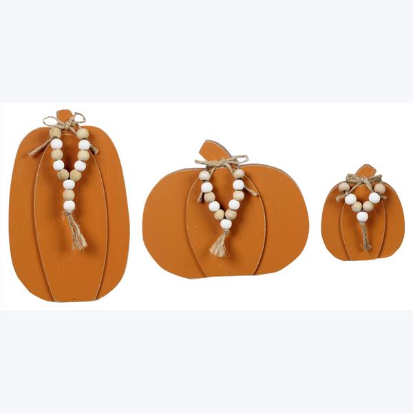 WOOD PUMPKIN WITH BLESSING BEADS TABLETOP DECOR, 3 PCS/SET