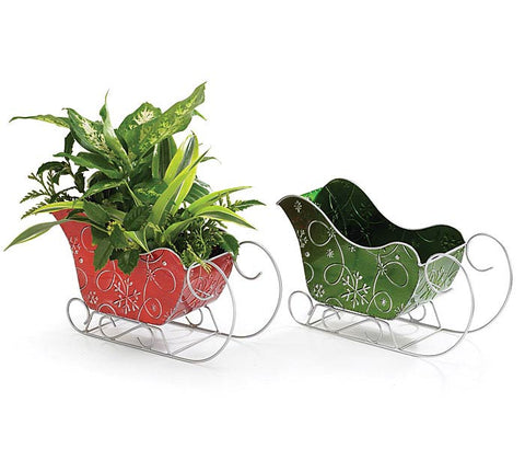 RED/GREEN TIN SLEIGH PLANTER