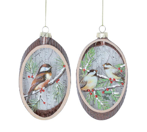 CHICKADEE GLASS WOOD SLICE ORNAMENT ASTD