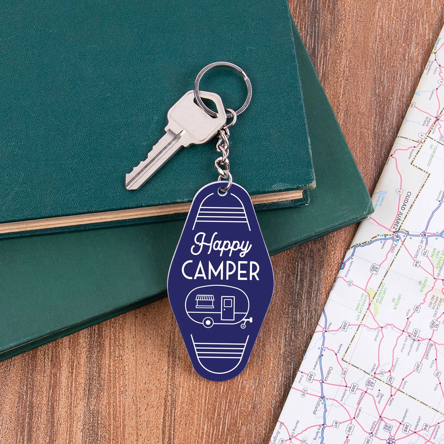 HAPPY CAMPER VINTAGE ENGRAVED KEY CHAIN