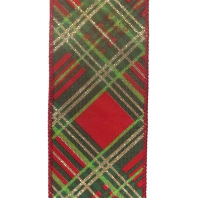 OLD WORLD RED/GOLD/GREEN PLAID RIBBON 2.5" X 10YD