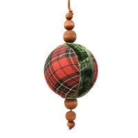 WOODEN BEAD AND PLAID ORNAMENT - RED BLACK GOLD 8"