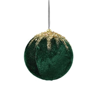 GLAMOROUS GLITTER AND SEQUIN CAPPED VELVET BALL ORNAMENT - EMERALD 3.75"