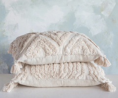 Woven Cotton Slub Lumbar Pillow w/ Tufted Design & Tassels, 2 Styles, Polyester Fill