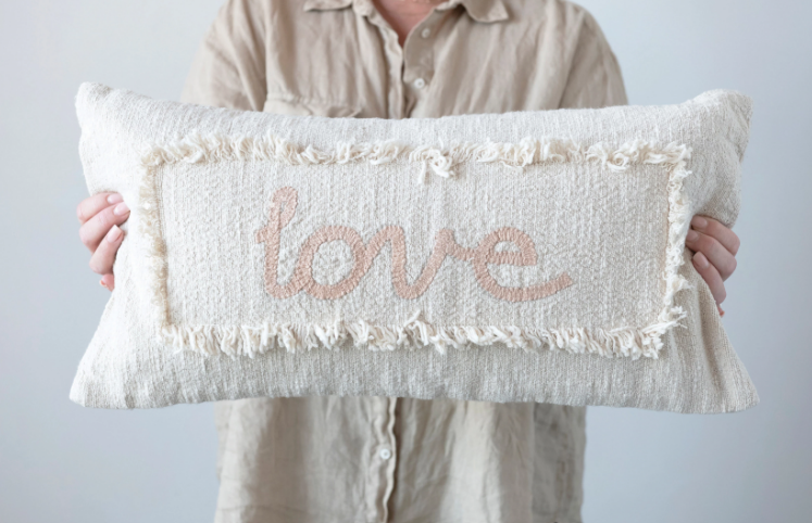 Cotton Embroidered Lumbar Pillow with Eyelash Fringe "Love"