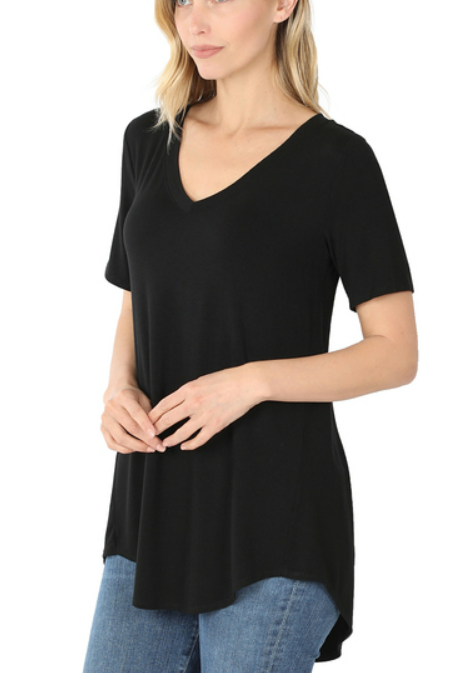 LUXE RAYON SHORT SLEEVE V-NECK HI-LOW HEM TOP-Black