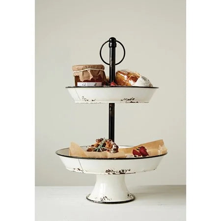 2-Tier Distressed Decorative Enamel Pedestal