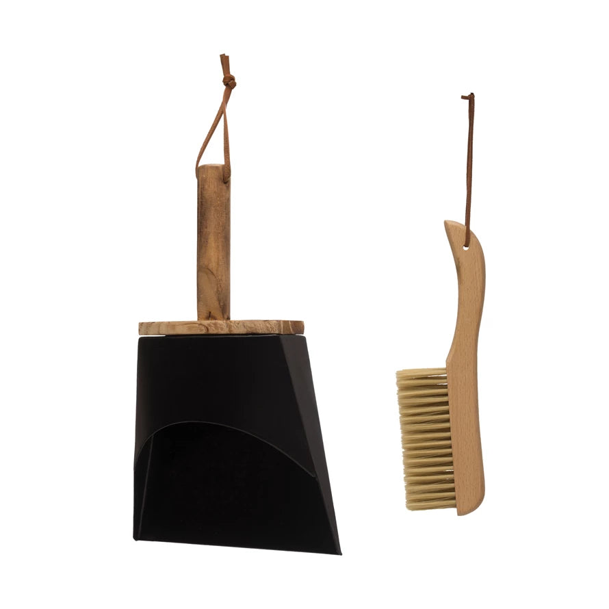 Beech Wood Brush and Metal Dust Pan, Set of 2