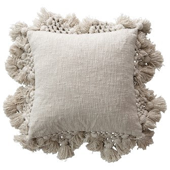 8" Square Cotton Slub Pillow with Crochet & Tassels,