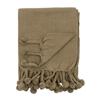 Cotton Throw with Braided Pom Pom Tassels, Green