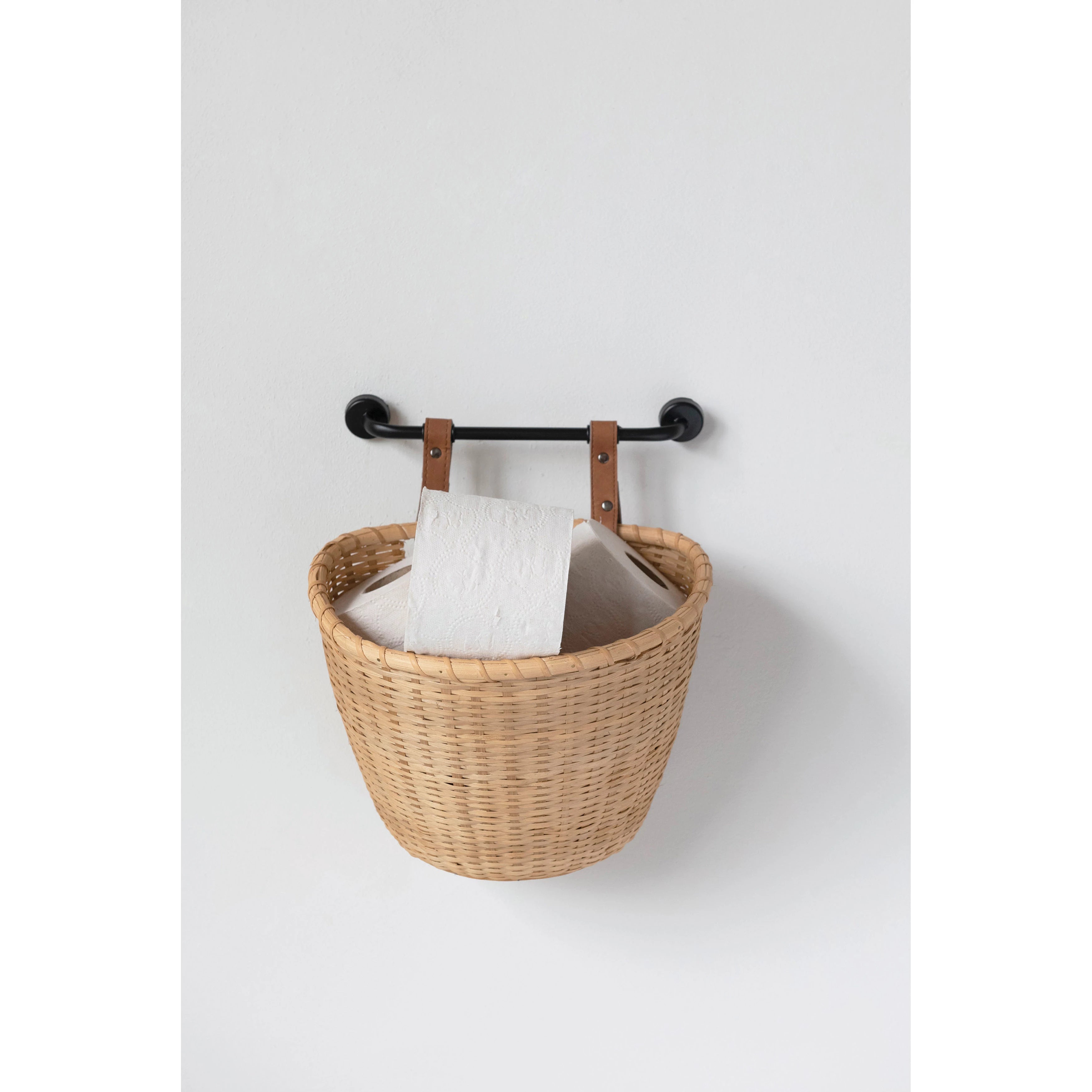 Hand-Woven Bamboo Wall Basket with Metal Bracket and Faux Leather Straps