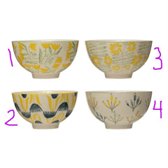 Hand-Stamped Stoneware Bowl w/ Flowers, 4 Styles