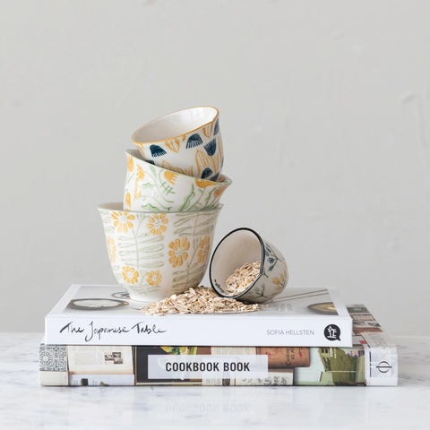 Hand-Stamped Stoneware Measuring Cups w/ Flowers, Set of 4